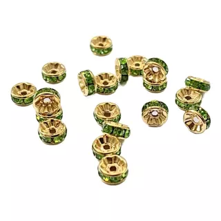 Rondel Separador Con Cristal Verde Chapa De Oro 14k 25 Pzs