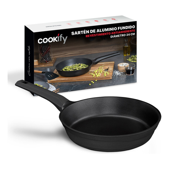 Sartén Antiadherente 24 Cm Cookify | Alu-tech Series | Libre De Pfoa, Cocina Saludable. Color Aluminio Fundido Negro