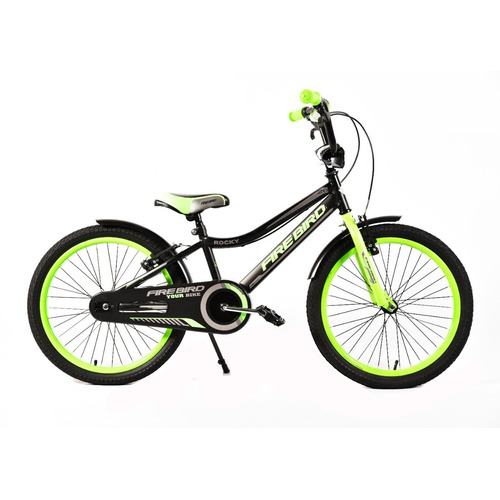 Bicicleta cross infantil Fire Bird Rocky R20 1v frenos v-brakes color negro/verde con pie de apoyo  