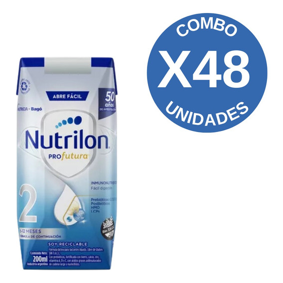 Nutrilon leche de fórmula líquida sin tacc nutricia bagó profutura 2 sabor neutro en caja pack de 48 unidades de 200g de 6 a 12 meses