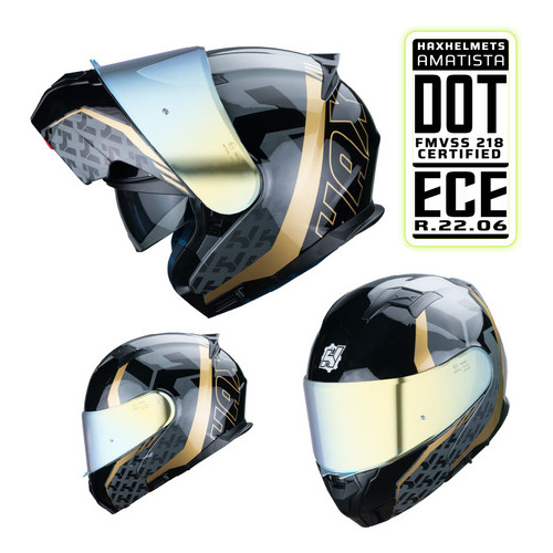 Hax Helmets. Casco Moto Abatible Dot + Ece 06. Amatista Wind Color Dorado Oscuro / Negro Tamaño Del Casco M - Mediano