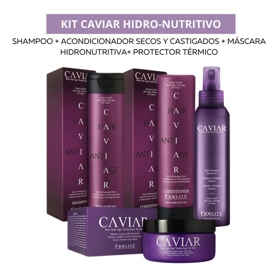 Kit Fidelite Caviar Shampoo + Acond + Masc + Protect Termico