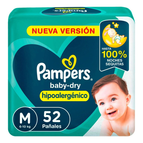 Pampers Baby Dry Hipoalergénico, Pañales Desechables Talle M 52 Unidades