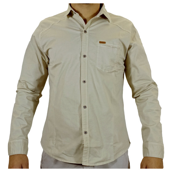 Camisa Drill Manga Larga Para Hombre - Beige