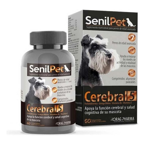 Suplemento en comprimidos SenilPet Cerebral 5 con fosfatidilserina para perro senior pequeño con sabor a pollo en frasco de 60 unidades