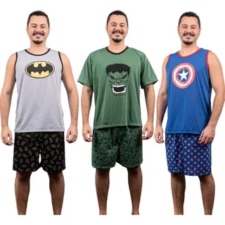 Kit 3 Pijama Adulto Masculino Curto Estampado Super Herói