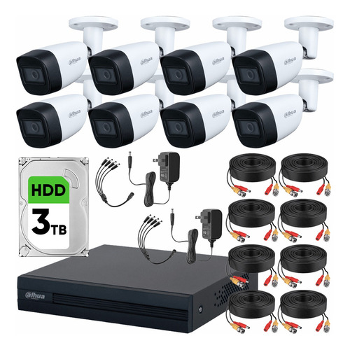 Dahua Kit de Video Vigilancia 8 Cámaras Metálicas 2 MP Micrófono HDD de 3 TB + Accesorios Cámaras de Seguridad con Detección de Movimento y Alta Resolución