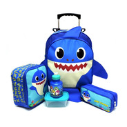 Kit Mochila Infantil Baby Shark Rodinha Tam M Papai Tubarão Azul
