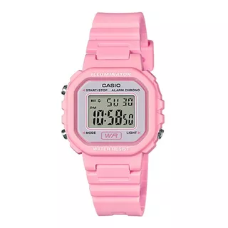 Reloj De Pulsera Casio Youth La-20 De Cuerpo Color Rosa, Digital, Fondo Gris, Con Correa De Resina Color Rosa, Dial Negro, Minutero/segundero Negro, Bisel Color Rosa, Luz Ámbar Y Hebilla Simple