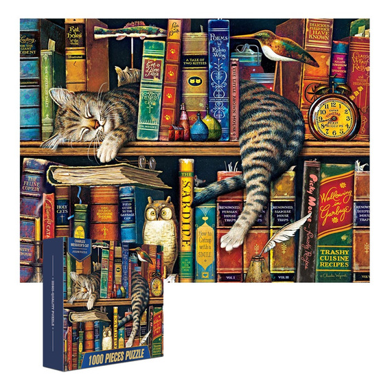 Rompecabezas De 70x50cm De Gato Y Libros, 1000 Piezas