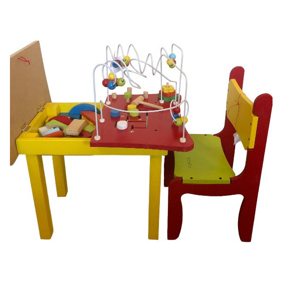 Combo Mesa  Didáctica De Madera 5 Juegos + Pizarra + Sillita