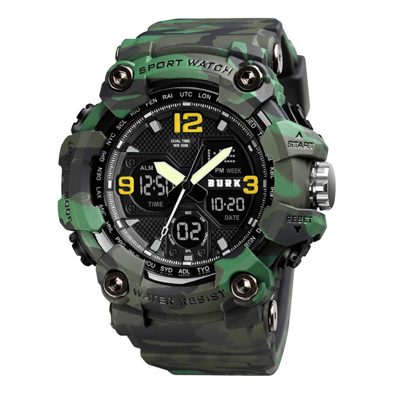 Reloj Militar Digital Burk 1742 Alarma Cronometro Luz ! Color De La Malla Verde Militar