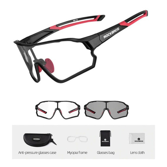 Gafas de ciclismo Rockbros con lente fotocromática y montura con clip, color negro/rojo, lente fotocromática