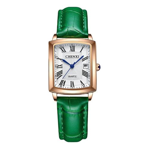 Reloj Impermeable Elegante De Cuero Cuadrado Chenxi Color De La Correa Verde