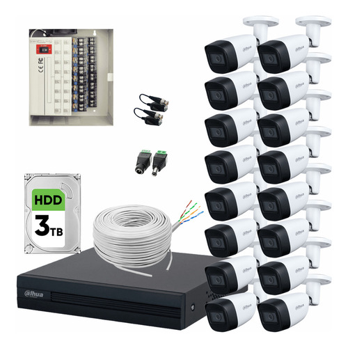 Dahua Kit de Video Vigilancia 16 Cámaras 5 MP 3 TB de Disco Duro + Bobina de Cable UTP Cat53 y Transceptores Cámaras de Seguridad con Detección de Movimiento Circuito Cerrado Con Micrófono