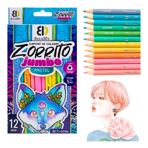 Lápices De Colores Tamaño Jumbo Zorrito Pastel 5mm 12 Pzs Color del trazo Pasteles Indra BCT-0006