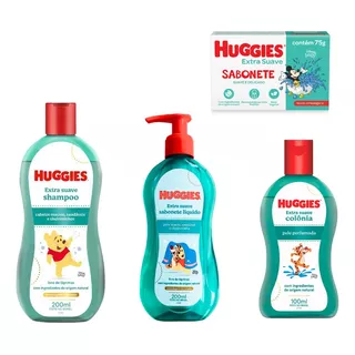 Kit Huggies Shampoo + Colônia + Sabonete Liq + Barra Suave