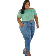 Calça Jeans Plus Size Jogger Destroyed Feminina Lycra 