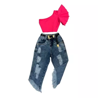 Conjuntinho De Menina Mini Diva Cropped Babado Calça Jeans