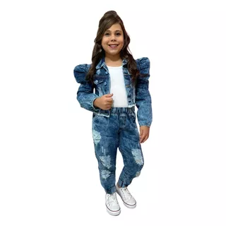Conjunto Jeans Infantil De Menina Jaqueta E Calça Destroyed 