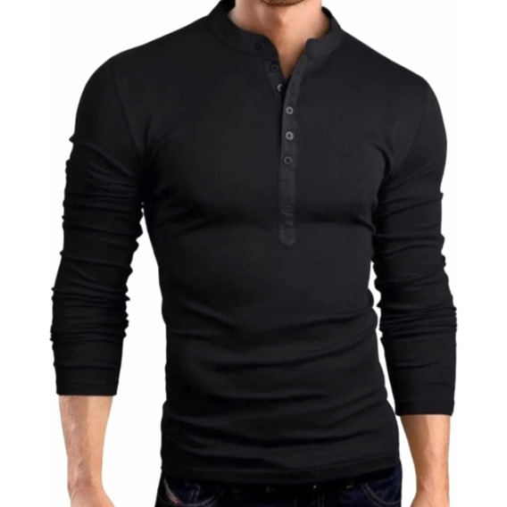 Playera Cuello Mao Moda Slim Fit Casual Manga Larga    Xsh