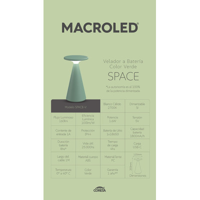 Velador De Mesa Space Verde Inalámbrica Led Mc
