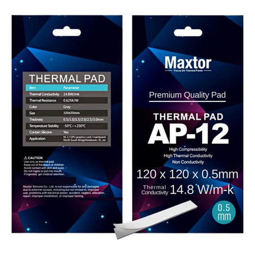 Pad Térmico Maxtor Ap-12 120x120x 0.5mm Rendimiento 14.8w/mk Color Gris