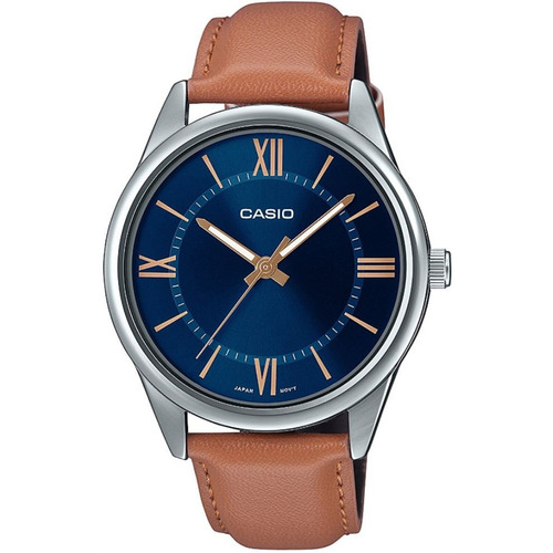 Reloj pulsera Casio MTP-V005 con correa de cuero color marrón - fondo azul - bisel plateado
