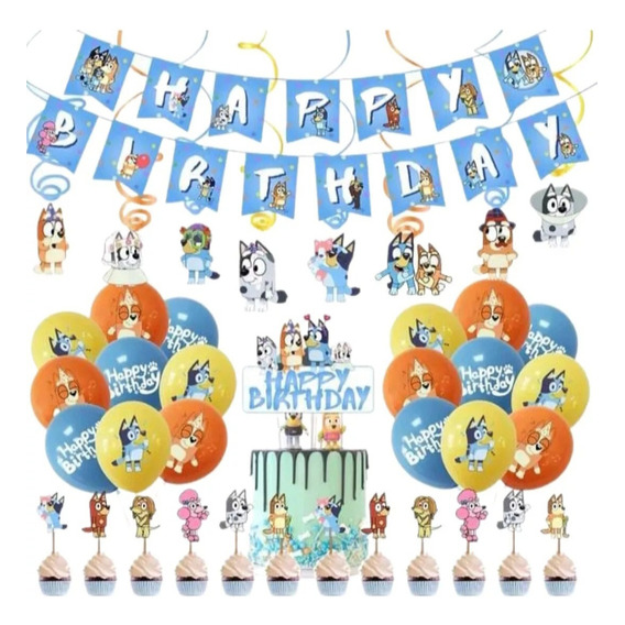 Set Decoración De Cumpleaños Temática Perritos Azul Y Naranj