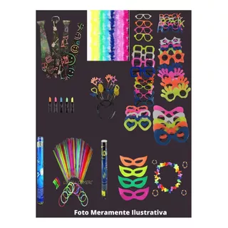 Kit Festa 100 Pulseiras Neon + 30 Marabus 75 Cm + 30 Óculos