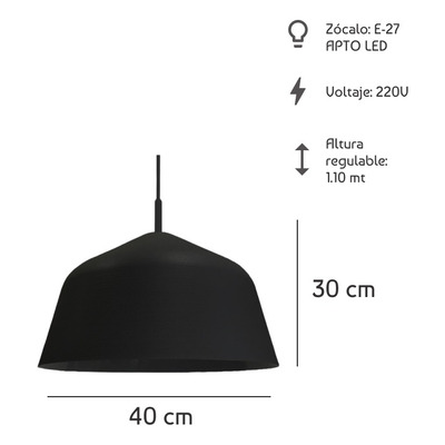 Colgante Campana Negra 40cm Apto Led E27 Deco Moderno Fz