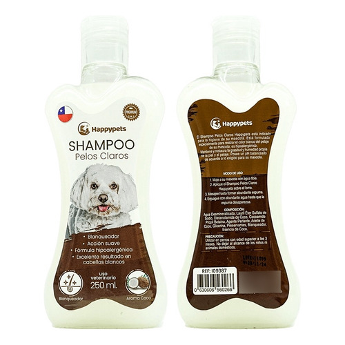 Shampoo Pelos Claros Para Perros 250ml Happypets Fragancia Coco