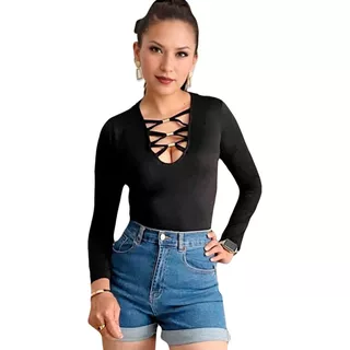 Blusa De Moda Manga Larga Escote V Tiras 