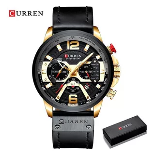 Reloj Curren 8329 Original De Lujo Para Hombre, Correa Lista Para Entrega, Color Dorado/negro, Bisel, Color Negro/blanco, Color De Fondo Negro