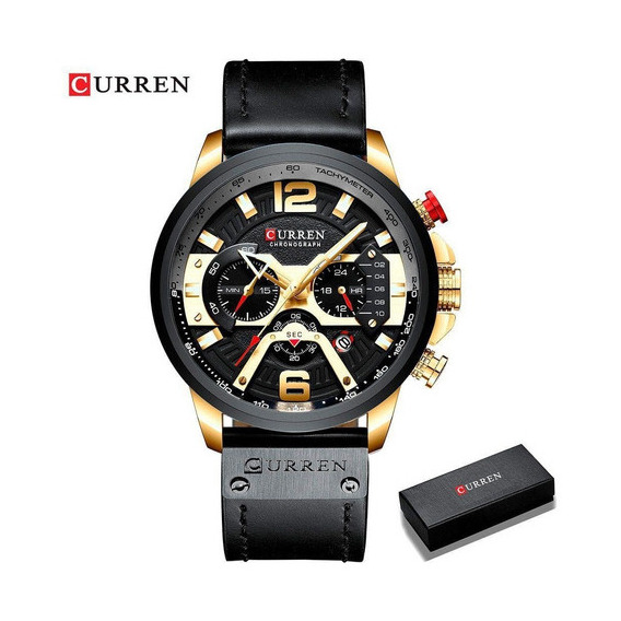 Reloj Curren 8329 original de lujo para hombre, correa lista para entrega, color dorado/negro, bisel, color negro/blanco, color de fondo negro