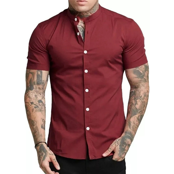 Camisa Hombre Manga Corta Corte Pegado Strech Cuello