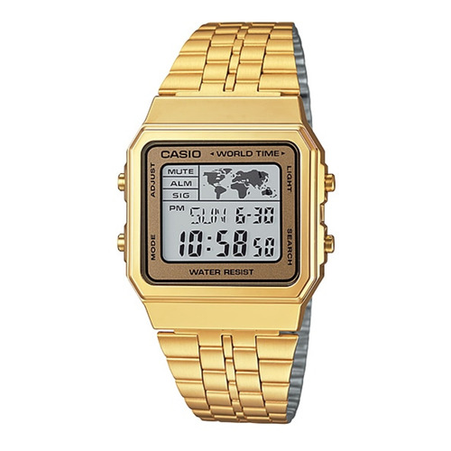 Reloj pulsera Casio Vintage A500WGA-9DF de cuerpo color dorado, digital, fondo blanco, con correa de acero inoxidable color dorado, dial negro, minutero/segundero negro, bisel color dorado, luz ámbar y hebilla de gancho