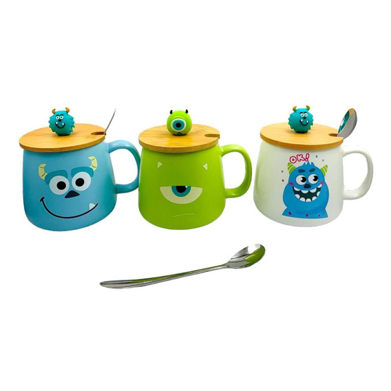 Mug Tazas De Monster Inc + Tapa Madera Y Cuchara