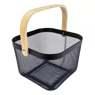 Canasto Multiuso Ravena, Organizador Metálico Con Asa De Madera - Versátil, Decorativo - Frutero, Cocina, Baño - Alto 18cm - Color Negro