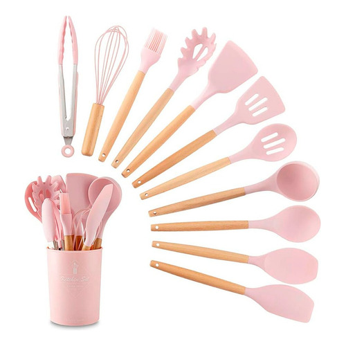 Kit 12 Utensilios Cocina Reposteria Durables Uso Profesional Color Rosa