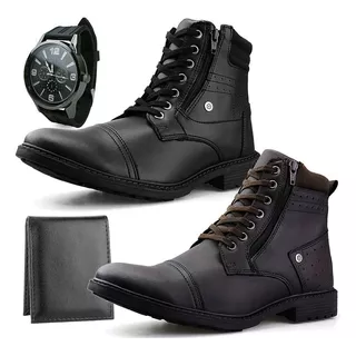 Kit 2 Pares Bota Casual Masculina + Relógio + Carteira Top