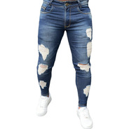 Calça Jeans Destroyed Detalhes Rasgados Skinny Masculina