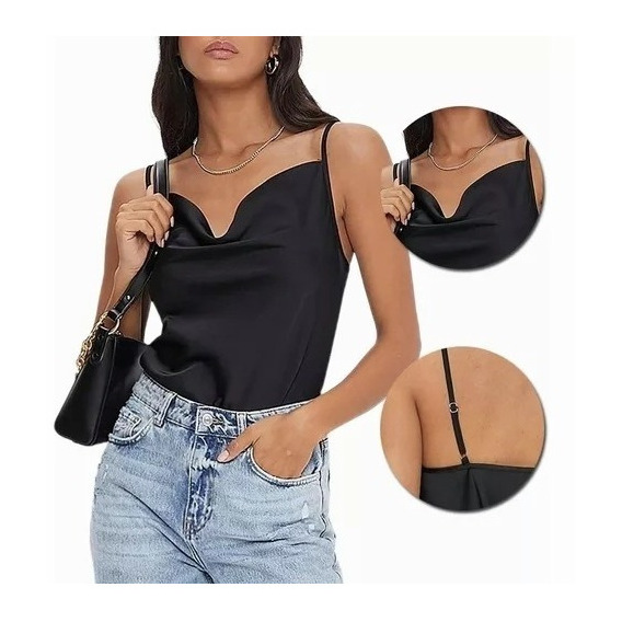 Blusa Top De Tirantes Satinada Elegante De Cuello Desbocado