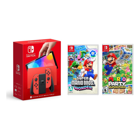 Nintendo Switch Oled Red 64gb+mario Partys Mario Bros Wonder