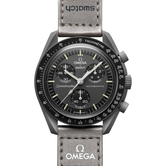 Reloj de pulsera Omega x Swatch Bioceramic moonswatch Mission to Mercury de cuerpo color gris oscuro, analógico, fondo gris oscuro, con correa de velcro color gris metálico, agujas color blanco, dial 
