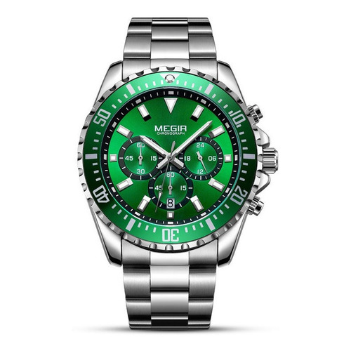 Reloj Megir 2064, Acero Inoxidable Cuarzo Resistente Al Agua Color Del Bisel Verde Plata