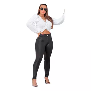 Calça Legging Cintura Alta Brilho Couro Lycra Disco Pants