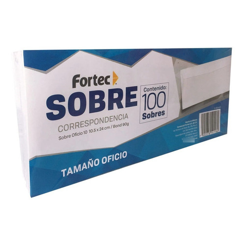 Pack 100 Sobre Correspondencia Oficio 10 10.5 X 24cm Fortec Color Blanco