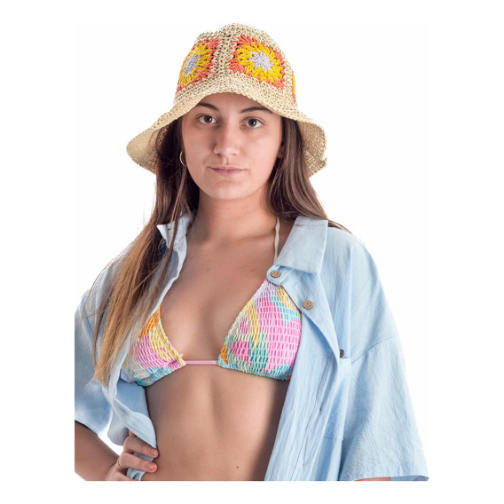 Sombrero Playa Verano Crochet Mujer Ajustable Tejido A Mano