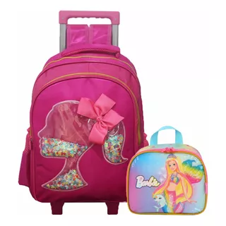 Mochila De Rodinhas Lancheira Térmica Barbie Impermeável Cor Rosa Desenho Do Tecido Boneca